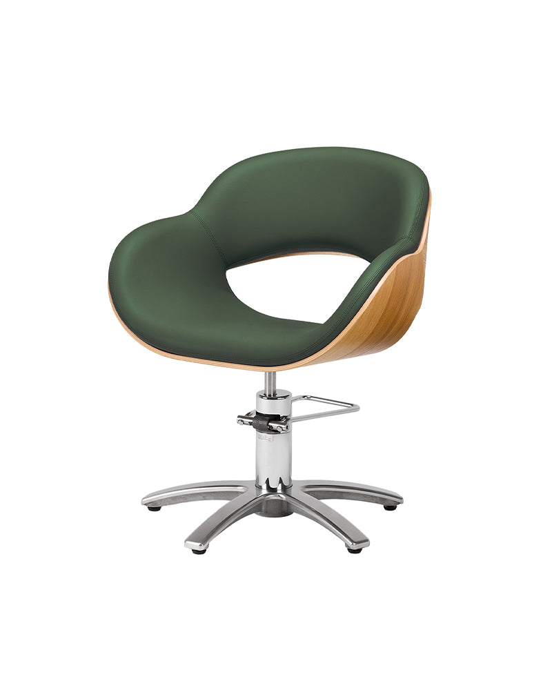 Thea Wood - Sedia da parrucchiere in legno verde con base a stella cromata